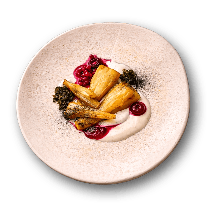 Закуска з пастернаку з копченою сметаною, соусом із журавлини та ферментованим квасцем на тарілці